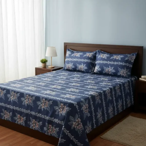 Deep Blue Floral Stripe Bedsheet Set