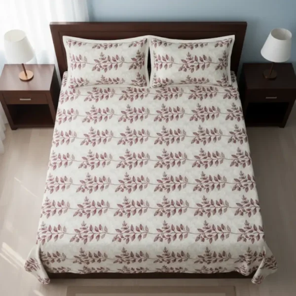 Cream and Burgundy Leaf Print Bedsheet