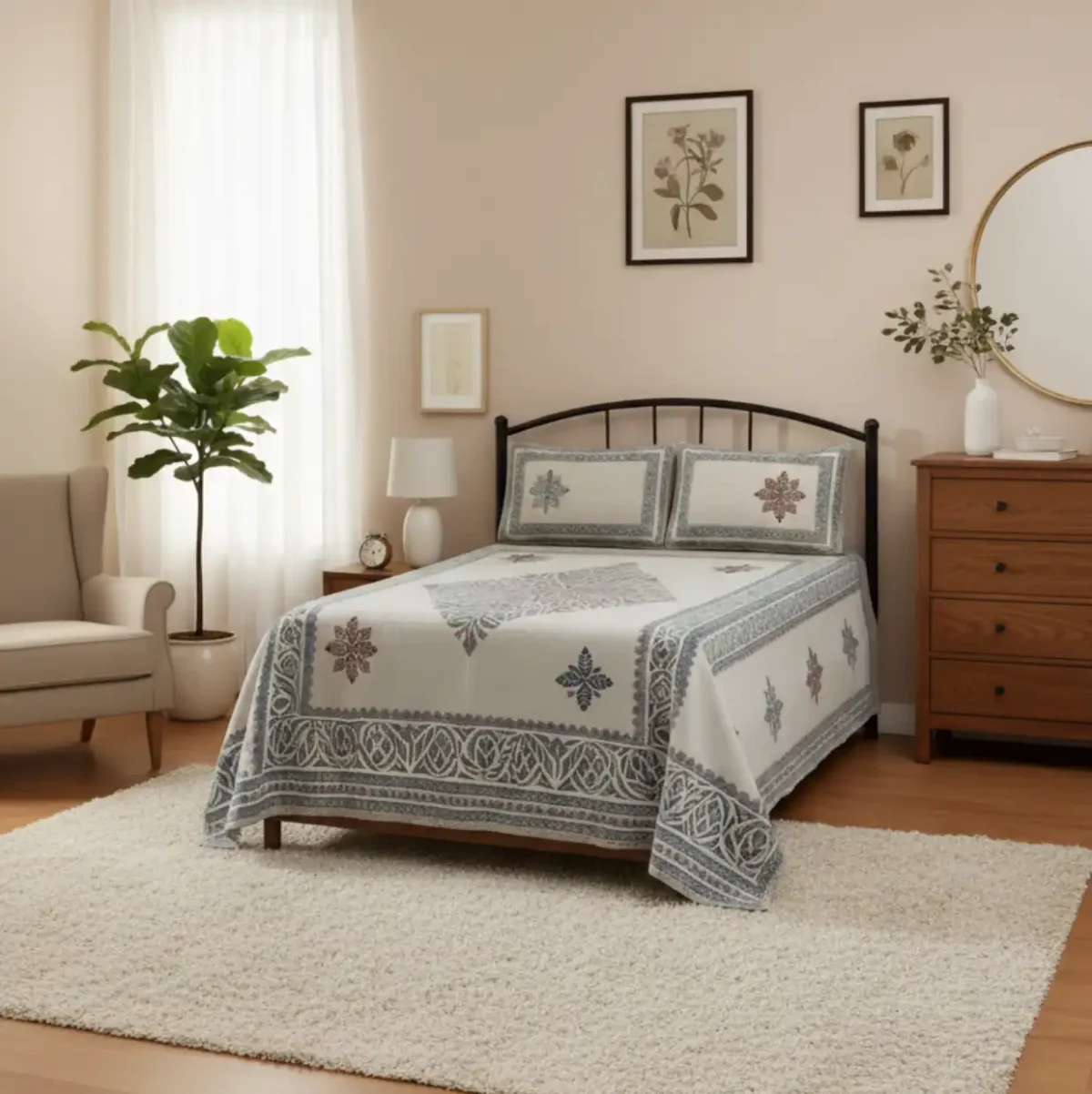 Artisan Crafted Floral Medallion Double Bedsheet - Image 4
