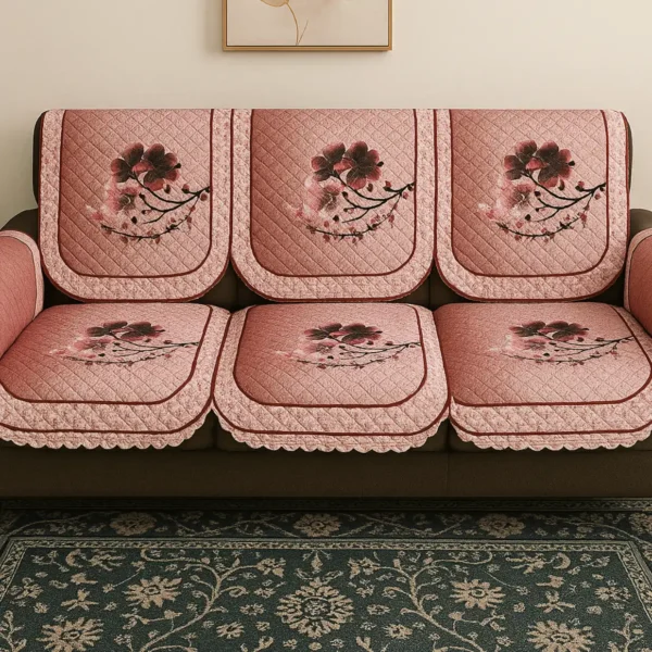 Pink Floral Quilted Sofa Cover/Protector Set.