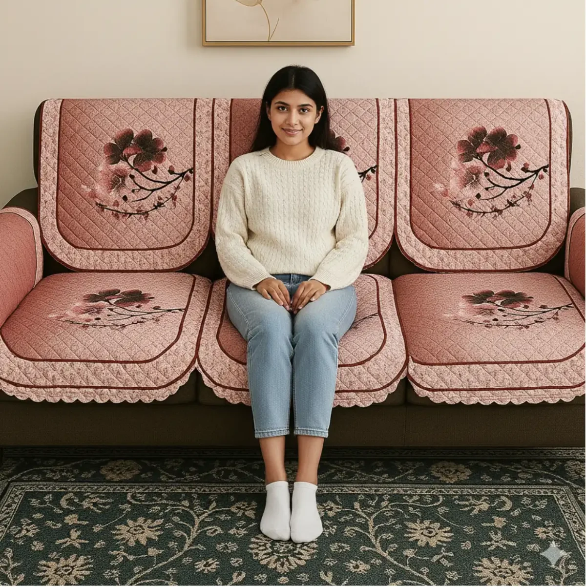 Pink Floral Quilted Sofa Cover/Protector Set. - Image 3