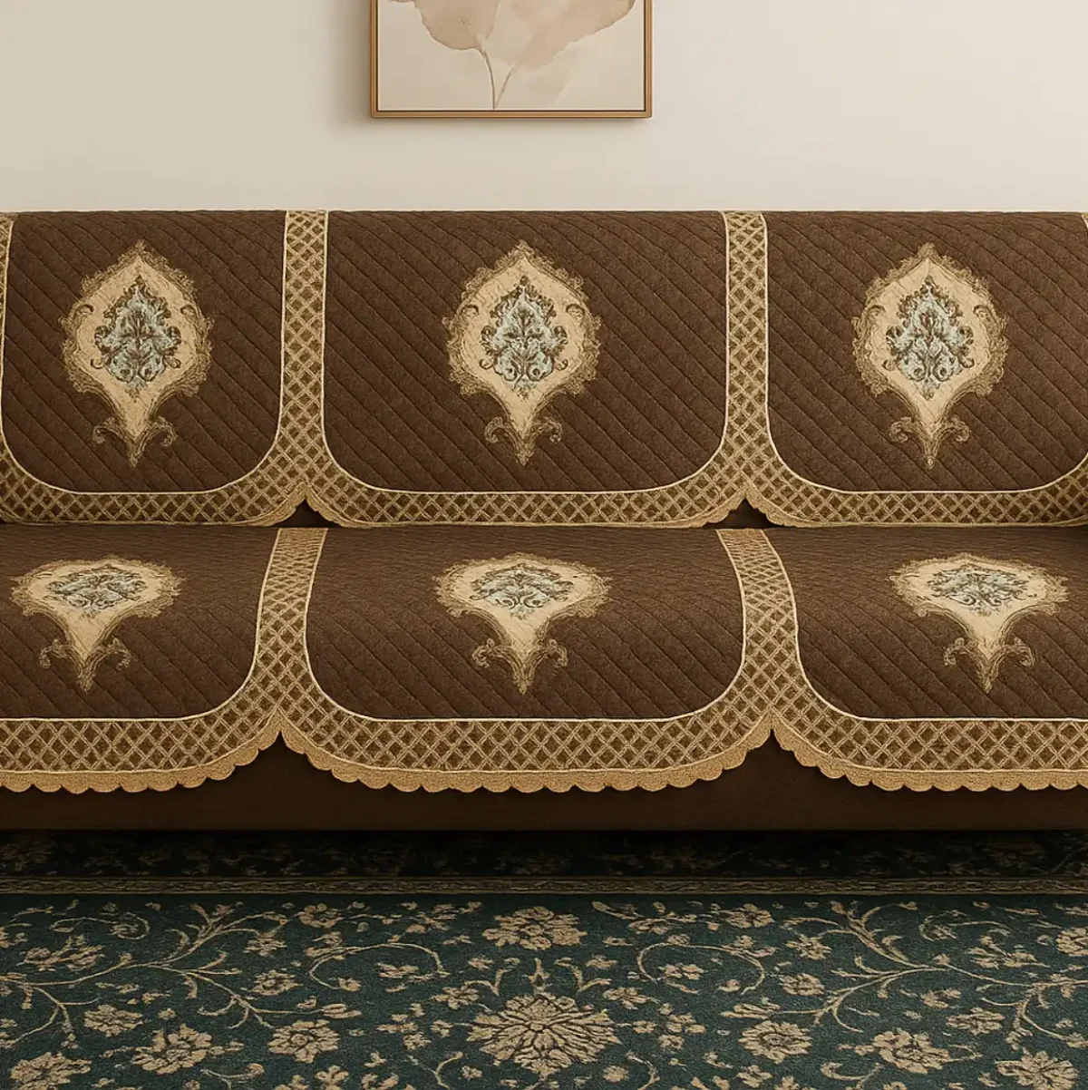 Traditional Brocade & Quilted Panel Sofa Cover Set - Image 2