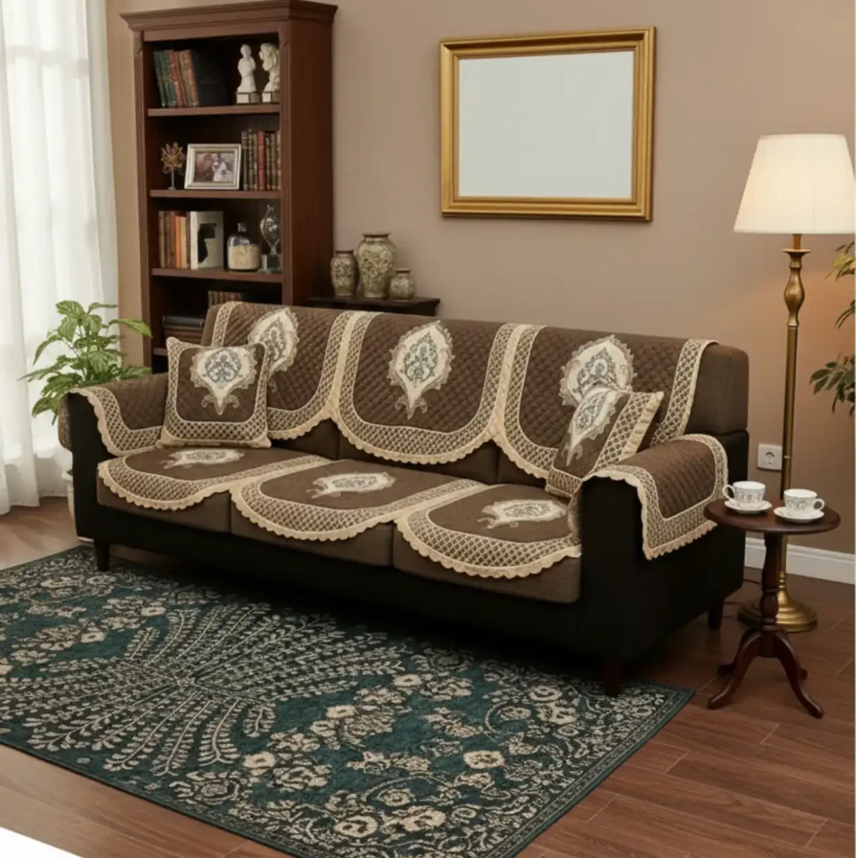 Traditional Brocade & Quilted Panel Sofa Cover Set - Image 3
