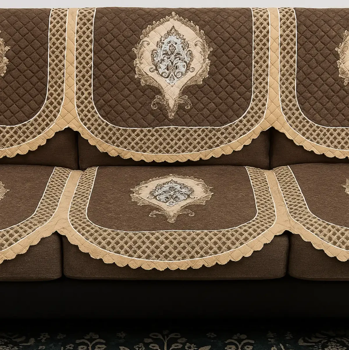 Traditional Brocade & Quilted Panel Sofa Cover Set - Image 4