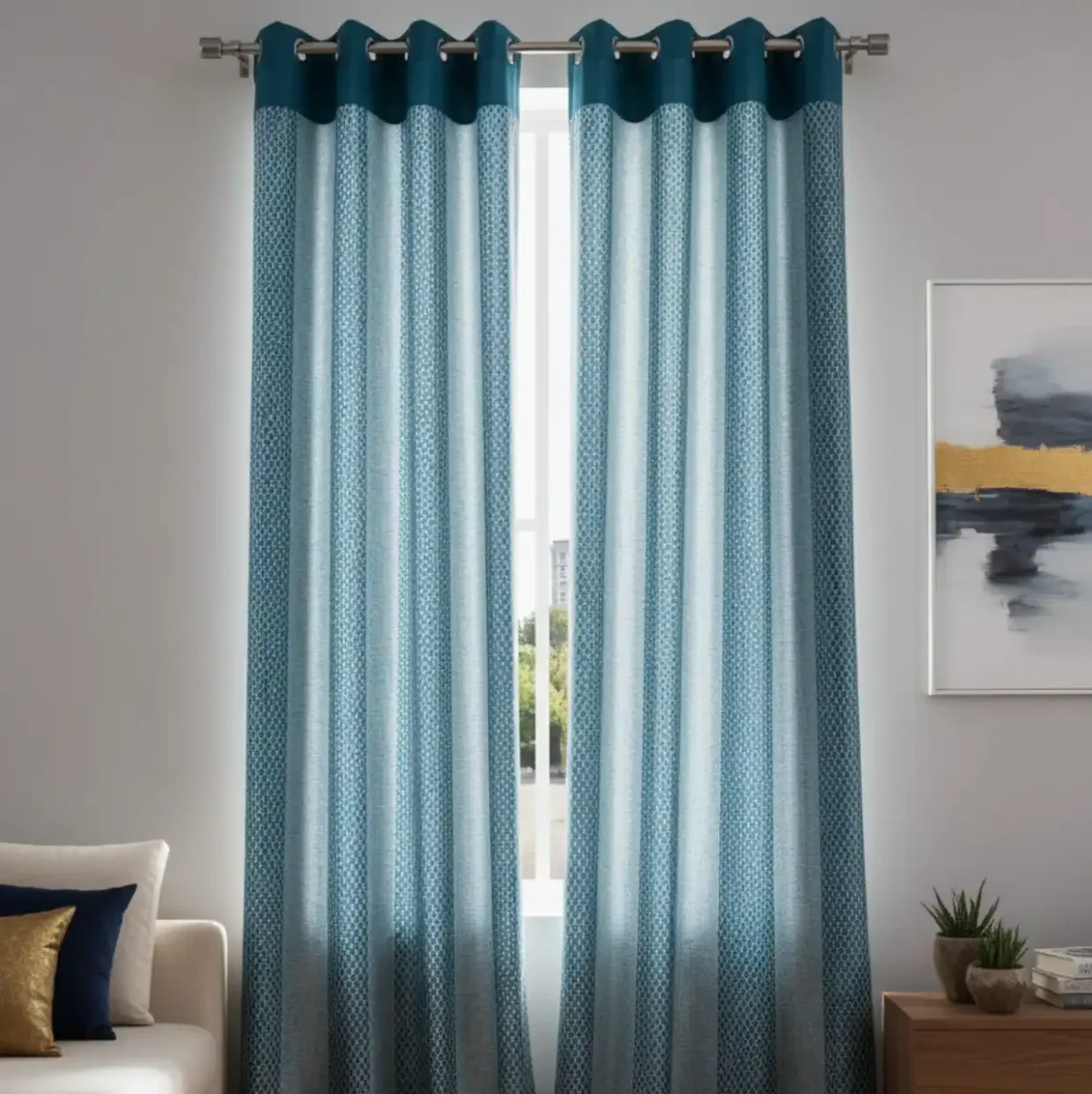 Turquoise & Teal Dual-Tone Geometric Curtains - Image 1