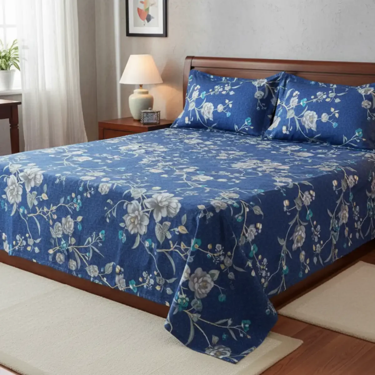 Deep Blue Serenity Floral Double Bedsheet Set - Image 4
