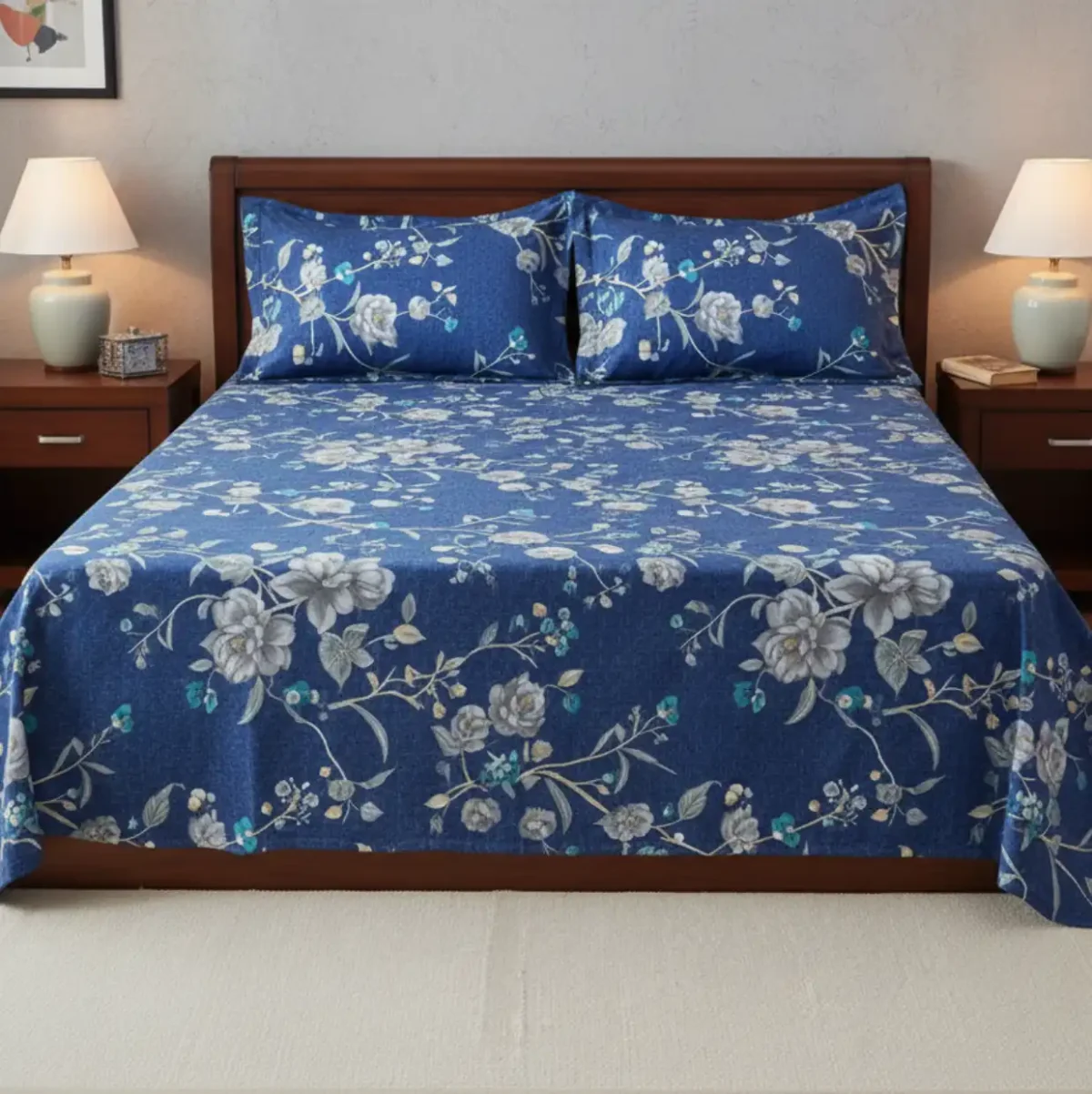 Deep Blue Serenity Floral Double Bedsheet Set - Image 1