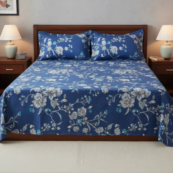 Deep Blue Serenity Floral Double Bedsheet Set