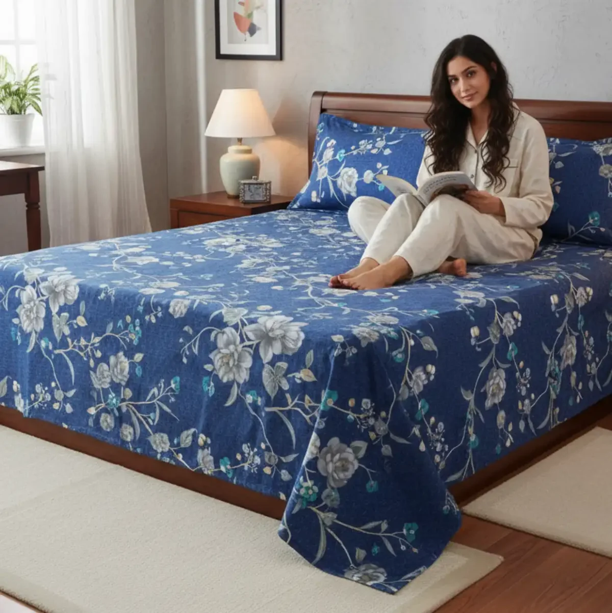 Deep Blue Serenity Floral Double Bedsheet Set - Image 3