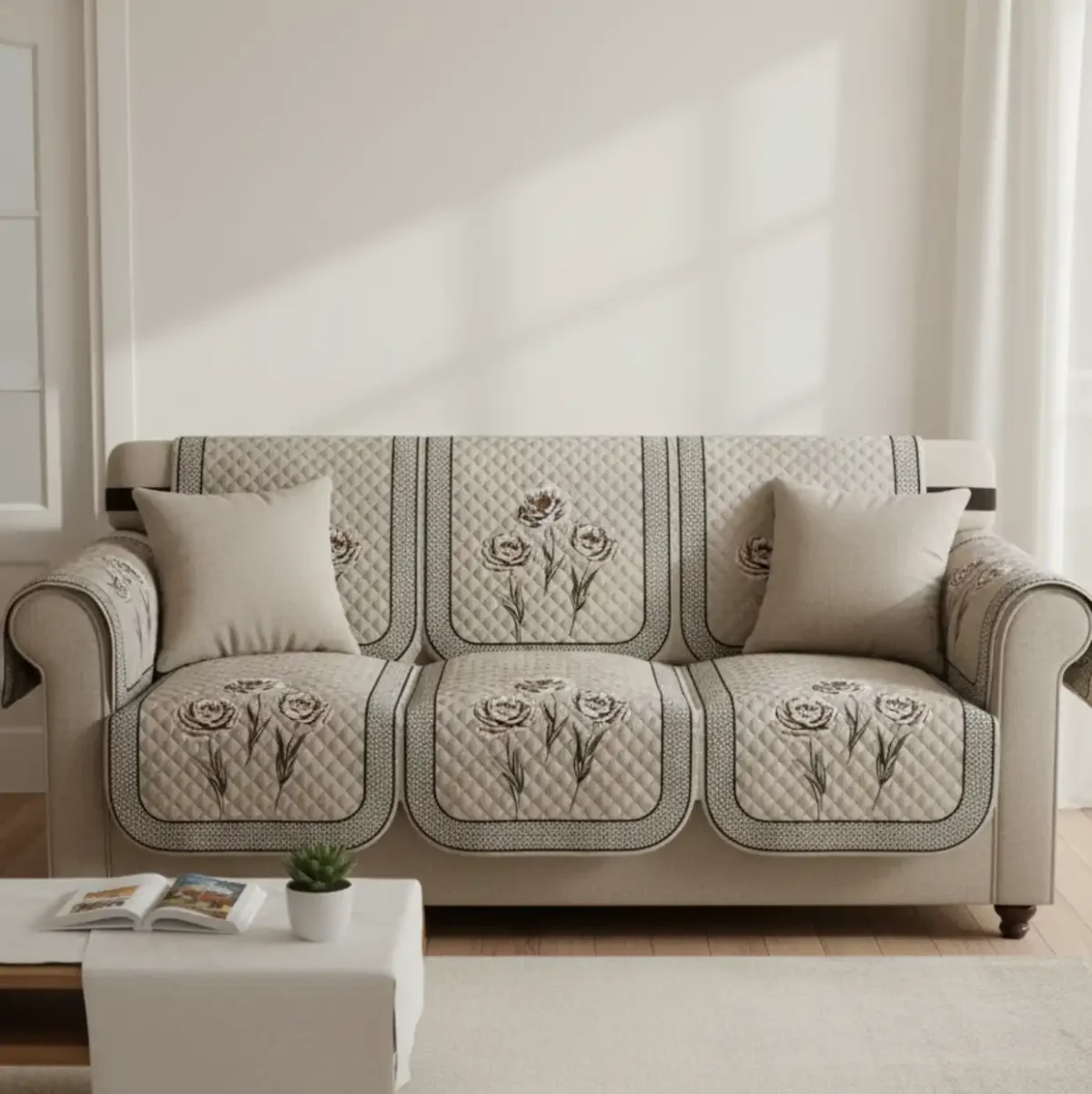 Elegant Rose Quilted Sofa Cover Set - Image 1