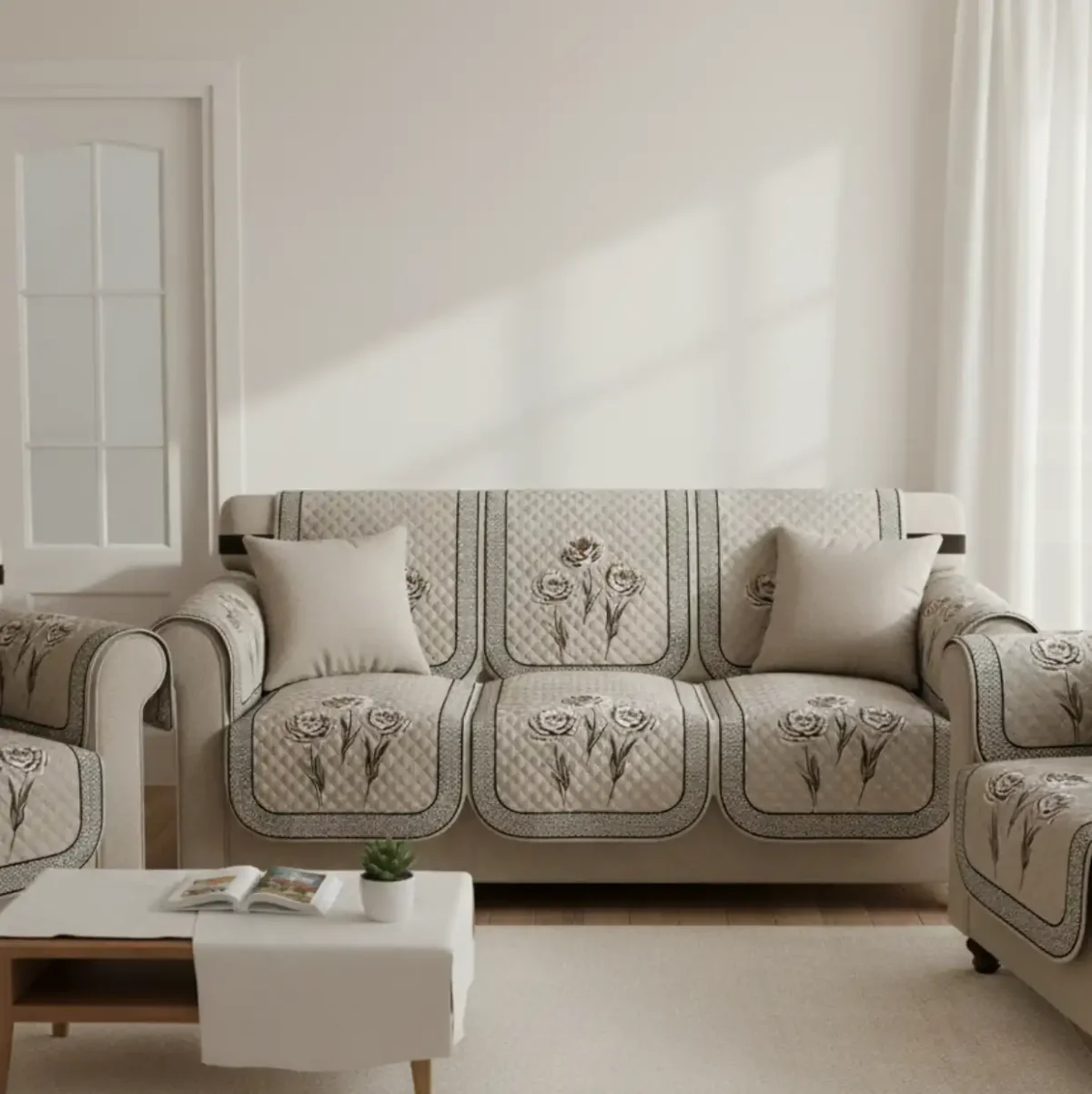 Elegant Rose Quilted Sofa Cover Set - Image 2