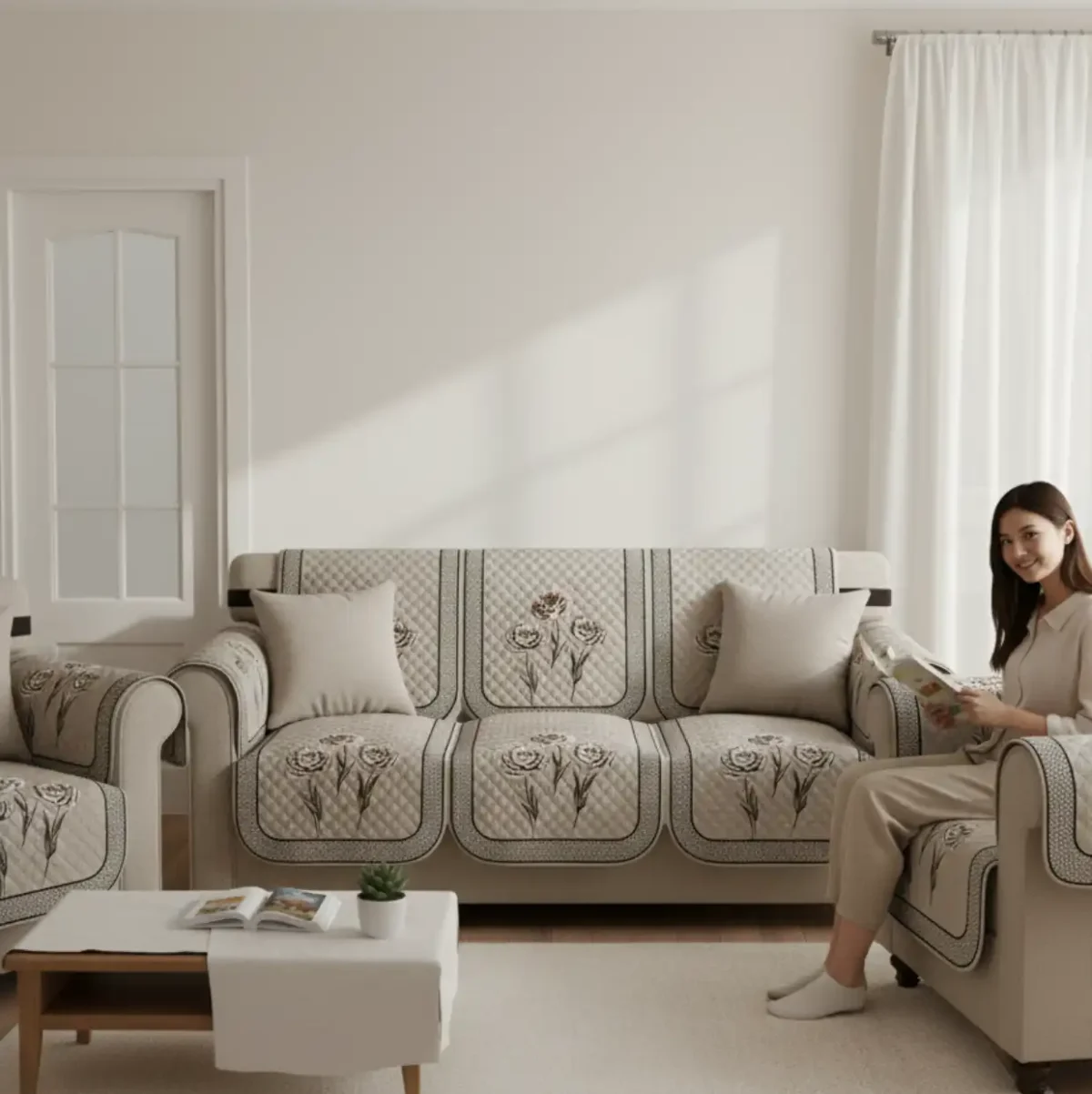 Elegant Rose Quilted Sofa Cover Set - Image 4